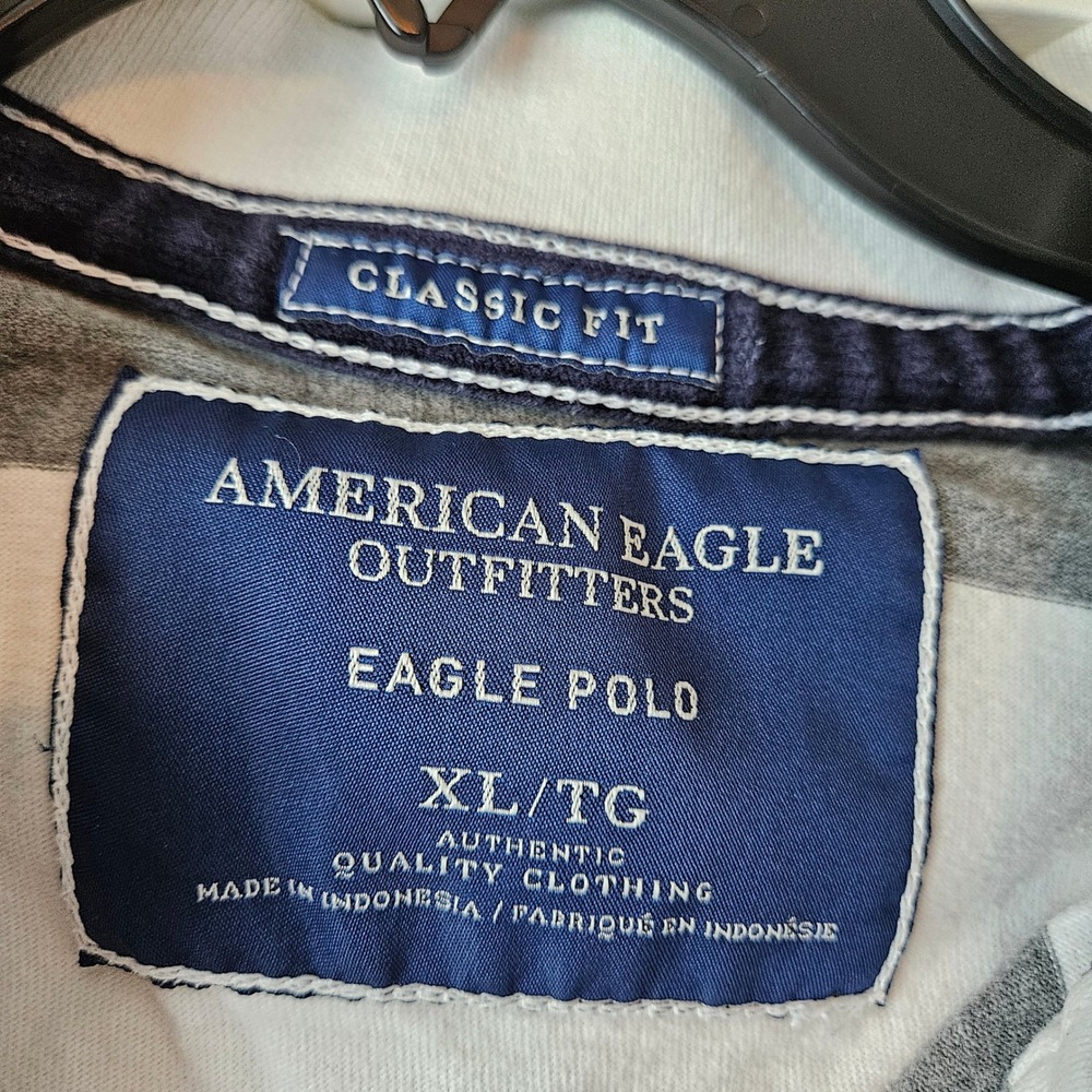 American Eagle Long Sleeve Gray White Striped Eagle Polo Mens XL Rugby Preppy - Picture 4 of 6